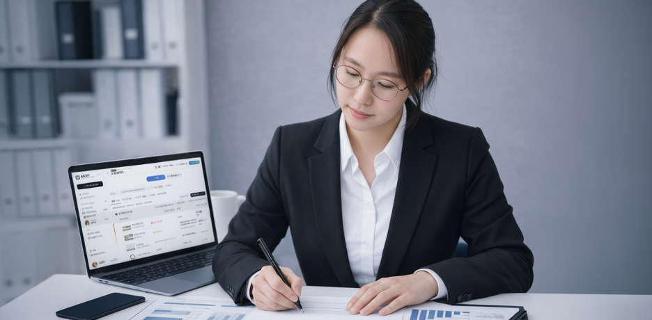 사무실에서 노트북 앨리 작업 화면을 띄워놓고 서류를 작성 중인 여성